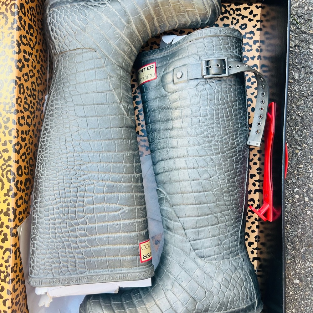 Jimmy Choo x Hunter Gray Croc-Embossed Boots